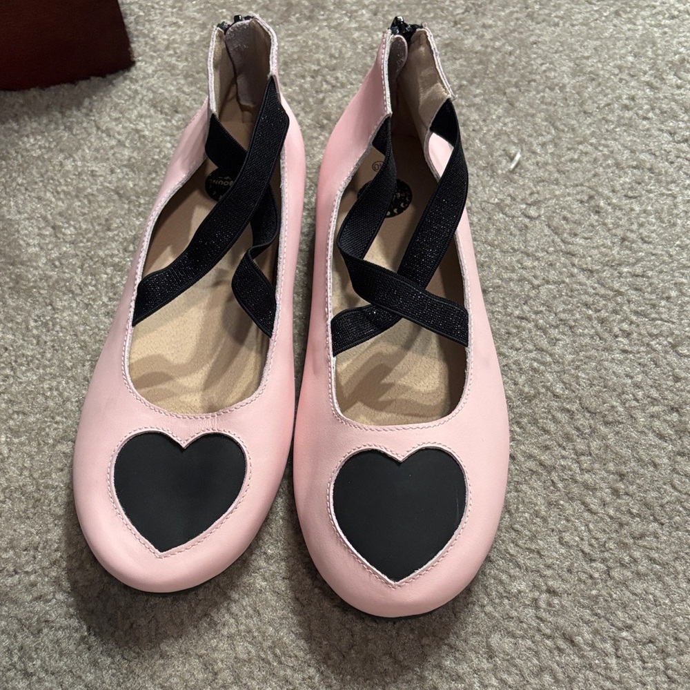 Spellbound Soles Elegant Pink Flats with Black Heart Accent